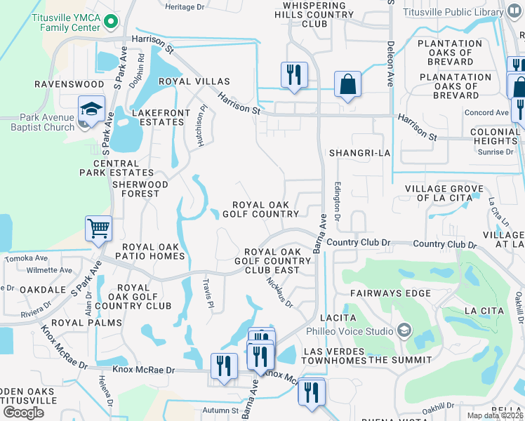 map of restaurants, bars, coffee shops, grocery stores, and more near 3100 Demaret Drive in Titusville