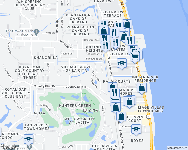 map of restaurants, bars, coffee shops, grocery stores, and more near 2685 La Cita Lane in Titusville
