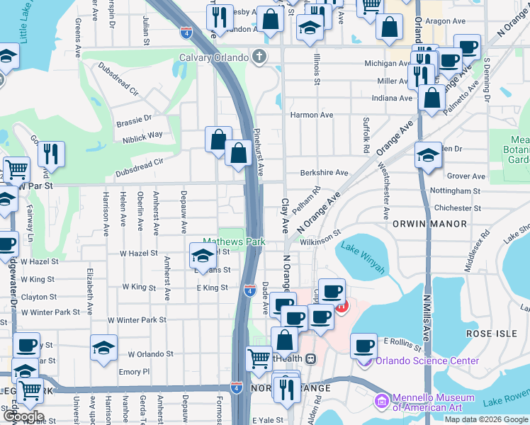 map of restaurants, bars, coffee shops, grocery stores, and more near 3222 Dade Avenue in Orlando