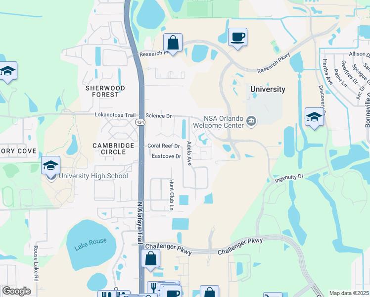 map of restaurants, bars, coffee shops, grocery stores, and more near 12351 Coral Reef Drive in Orlando