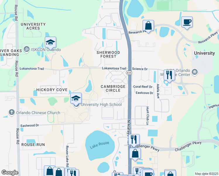 map of restaurants, bars, coffee shops, grocery stores, and more near 12103 Pepperdine Place in Orlando