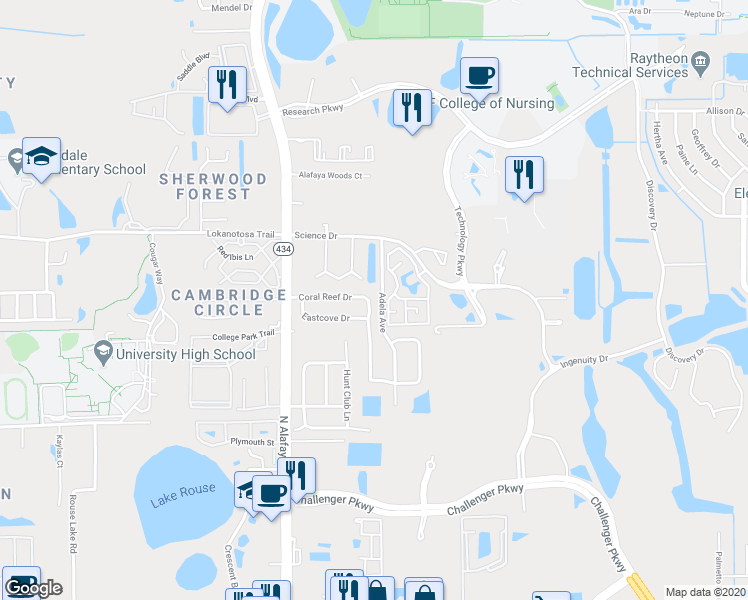 map of restaurants, bars, coffee shops, grocery stores, and more near 12351 Coral Reef Drive in Orlando