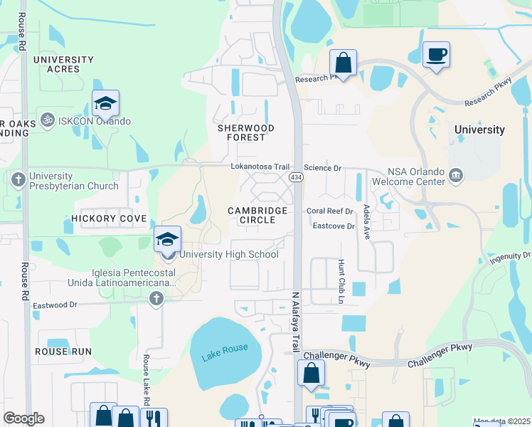 map of restaurants, bars, coffee shops, grocery stores, and more near 12103 Pepperdine Place in Orlando