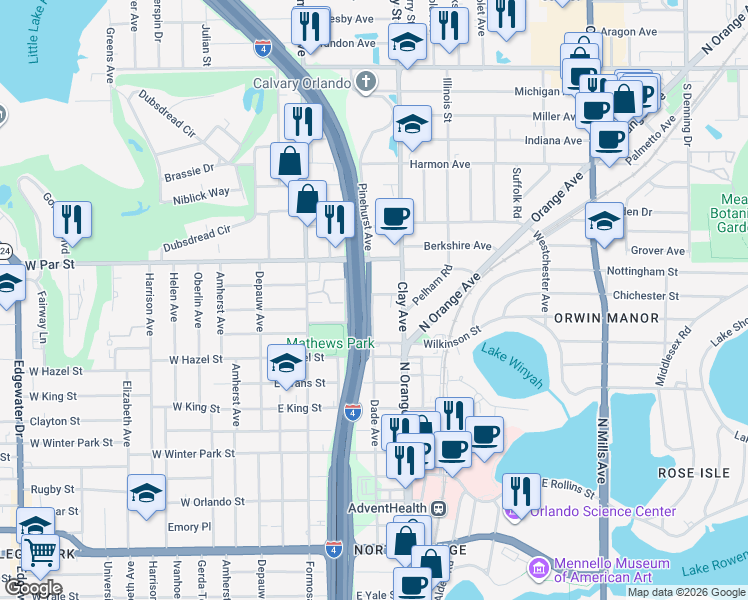 map of restaurants, bars, coffee shops, grocery stores, and more near 3222 Dade Avenue in Orlando