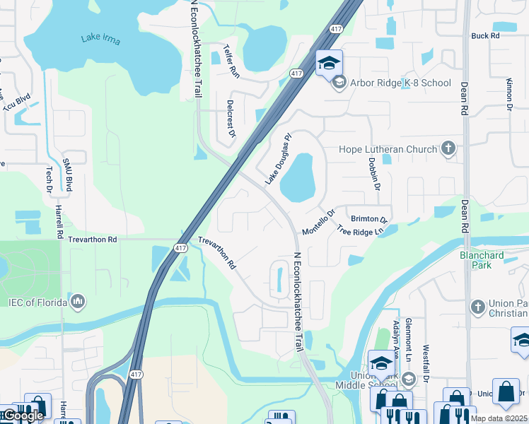 map of restaurants, bars, coffee shops, grocery stores, and more near 9318 Larette Drive in Orlando