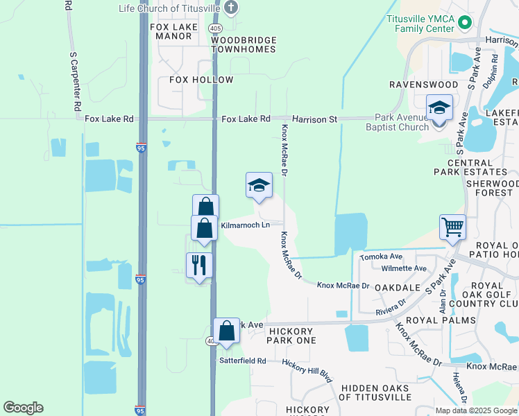 map of restaurants, bars, coffee shops, grocery stores, and more near 3085 Knox McRae Drive in Titusville