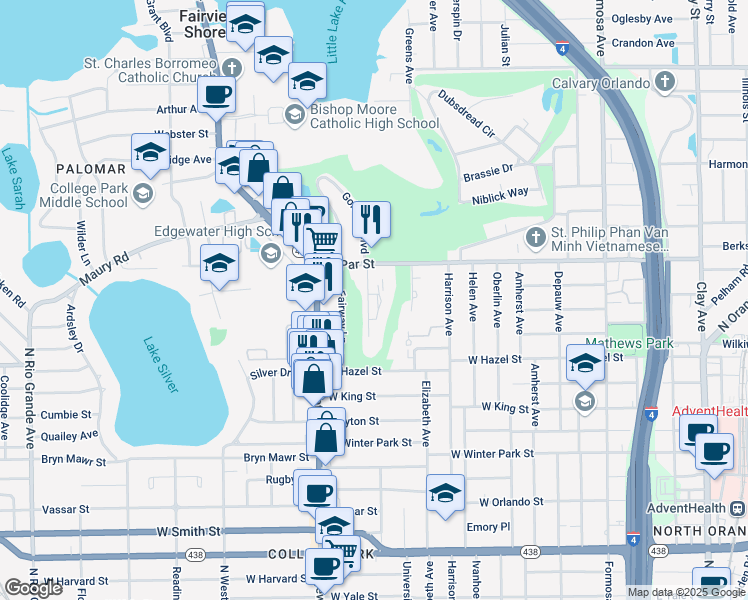 map of restaurants, bars, coffee shops, grocery stores, and more near 3207 Eagle Boulevard in Orlando