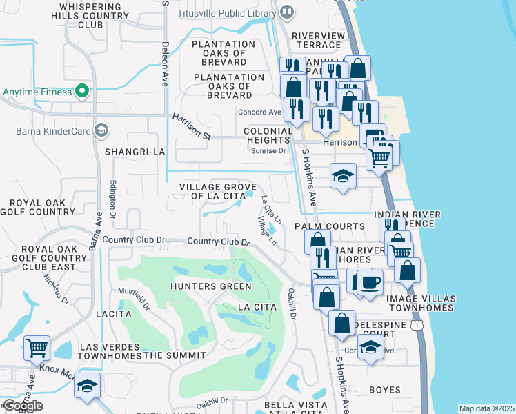 map of restaurants, bars, coffee shops, grocery stores, and more near 2715 Village Lane in Titusville