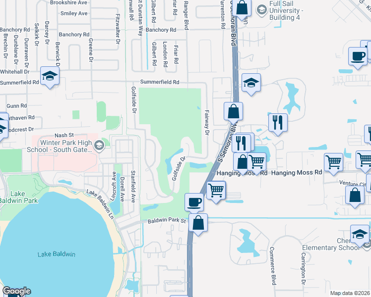 map of restaurants, bars, coffee shops, grocery stores, and more near 1664 Cypress Point Lane in Winter Park