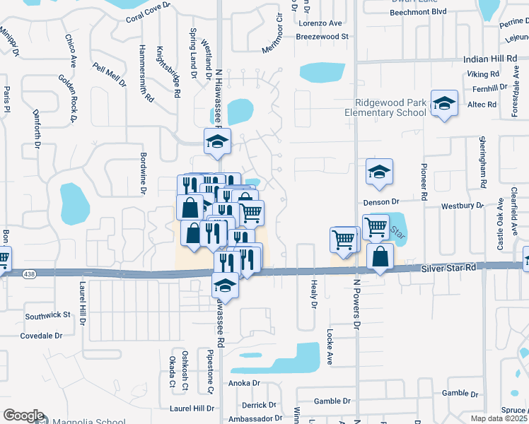 map of restaurants, bars, coffee shops, grocery stores, and more near 6802 Burroughs Court in Pine Hills