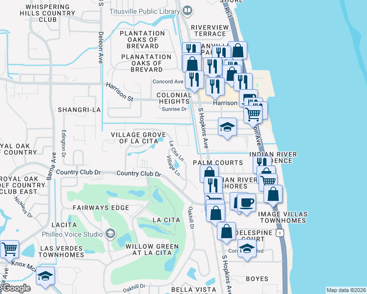 map of restaurants, bars, coffee shops, grocery stores, and more near 3053 Sir Hamilton Circle in Titusville
