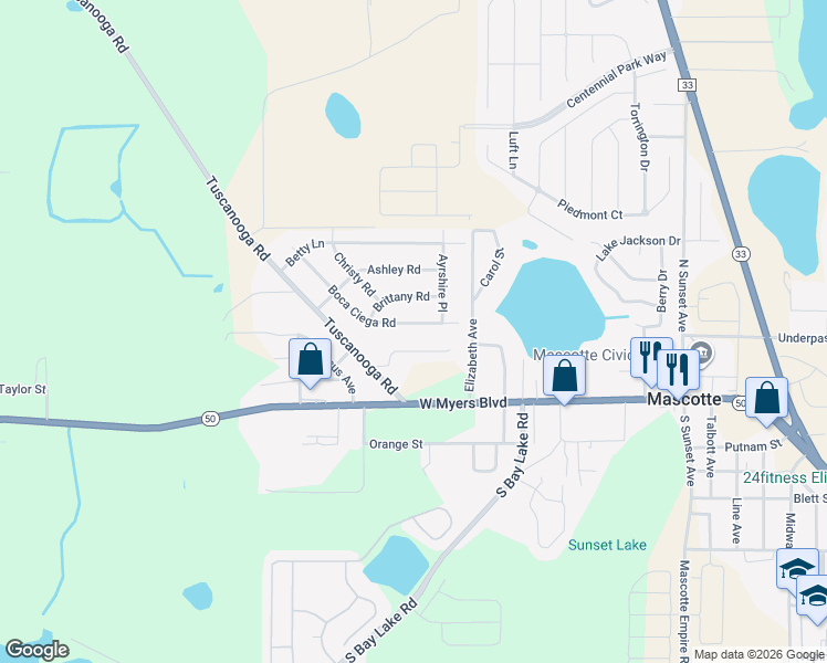 map of restaurants, bars, coffee shops, grocery stores, and more near 288 Boca Ciega Road in Mascotte