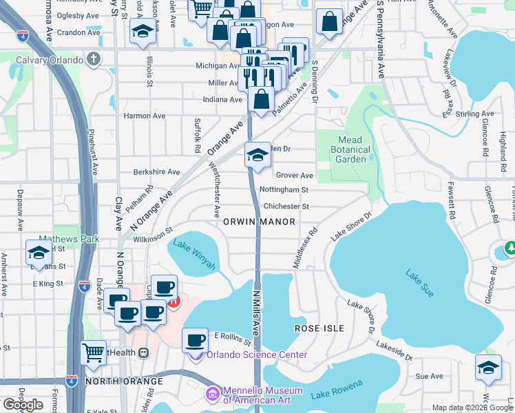 map of restaurants, bars, coffee shops, grocery stores, and more near 3297 North Mills Avenue in Orlando