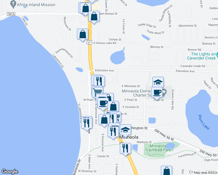 map of restaurants, bars, coffee shops, grocery stores, and more near 109 West Minneola Street in Minneola