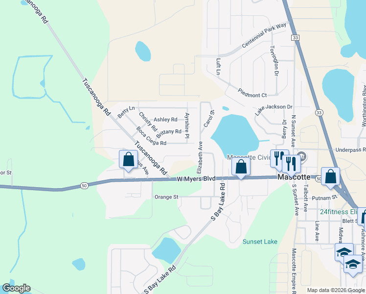 map of restaurants, bars, coffee shops, grocery stores, and more near 288 Boca Ciega Rd in Mascotte