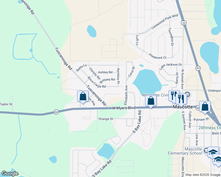 map of restaurants, bars, coffee shops, grocery stores, and more near 240 Boca Ciega Road in Mascotte