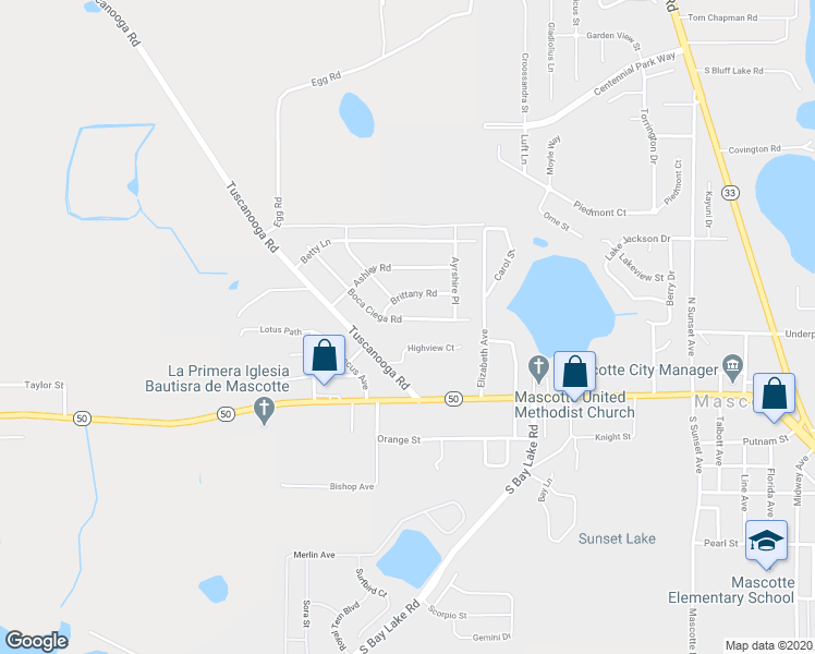 map of restaurants, bars, coffee shops, grocery stores, and more near 252 Boca Ciega Road in Mascotte