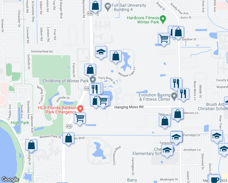 map of restaurants, bars, coffee shops, grocery stores, and more near 2580 Passamonte Drive in Winter Park