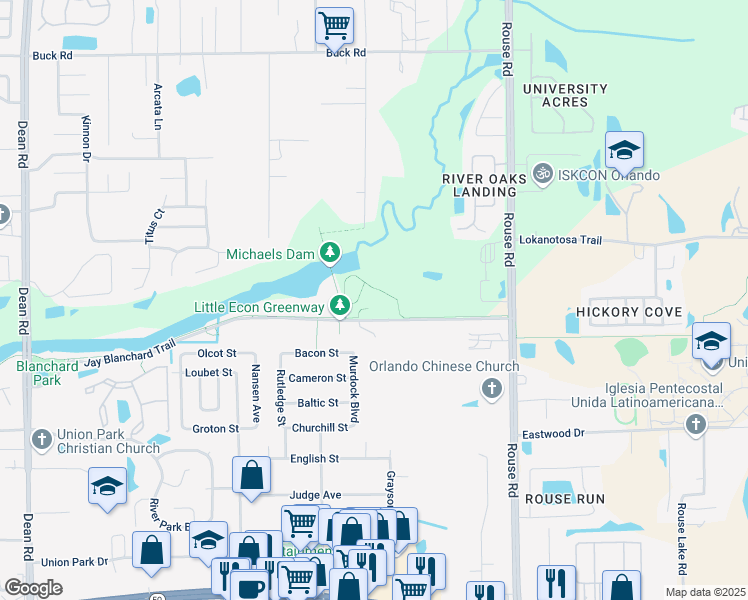 map of restaurants, bars, coffee shops, grocery stores, and more near 10501 Jay Blanchard Trail in Orlando