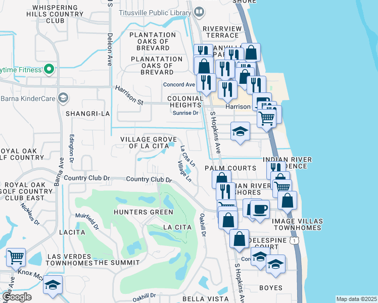 map of restaurants, bars, coffee shops, grocery stores, and more near 3017 Sir Hamilton Circle in Titusville