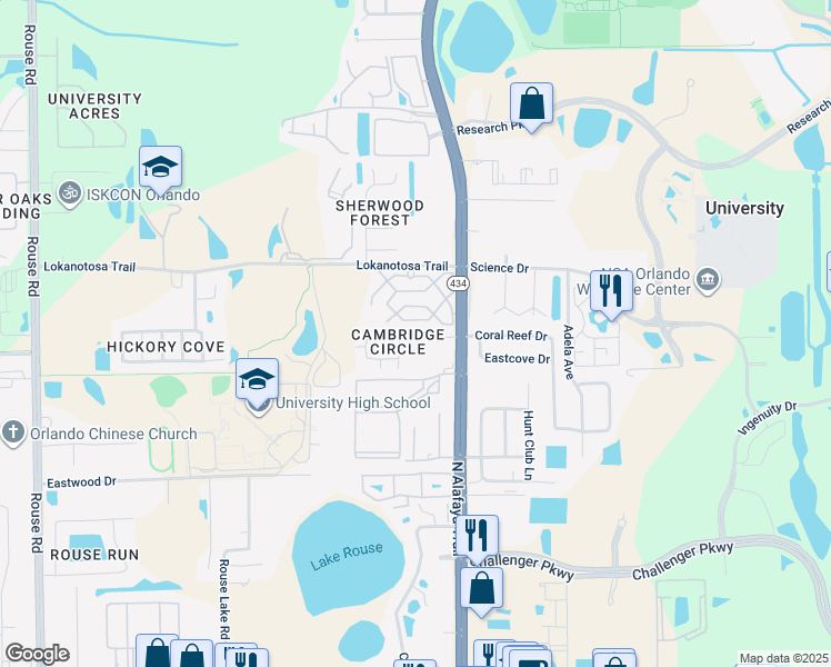 map of restaurants, bars, coffee shops, grocery stores, and more near 12103 Pepperdine Place in Orlando