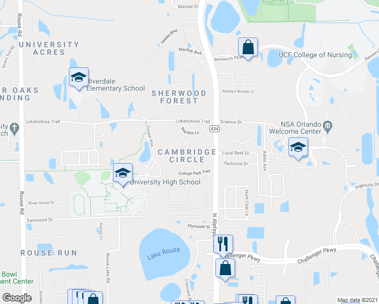 map of restaurants, bars, coffee shops, grocery stores, and more near 12103 Pepperdine Place in Orlando