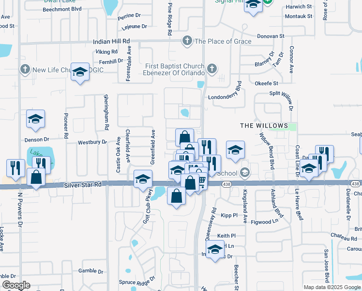 map of restaurants, bars, coffee shops, grocery stores, and more near 2872 Spring Hill Court in Pine Hills