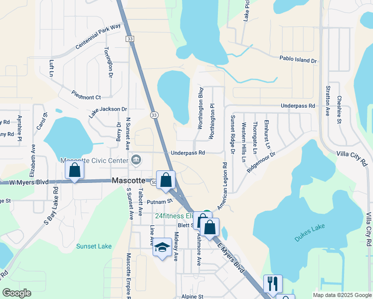 map of restaurants, bars, coffee shops, grocery stores, and more near 4207 Underpass Road in Mascotte