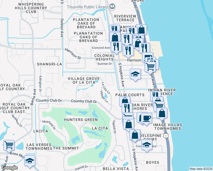 map of restaurants, bars, coffee shops, grocery stores, and more near 3017 Sir Hamilton Circle in Titusville