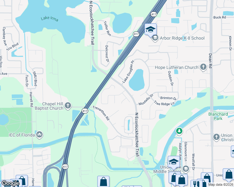 map of restaurants, bars, coffee shops, grocery stores, and more near 9307 Larette Drive in Orlando