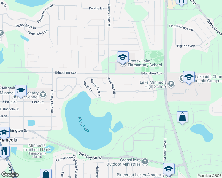 map of restaurants, bars, coffee shops, grocery stores, and more near 1004 White Bark Court in Minneola