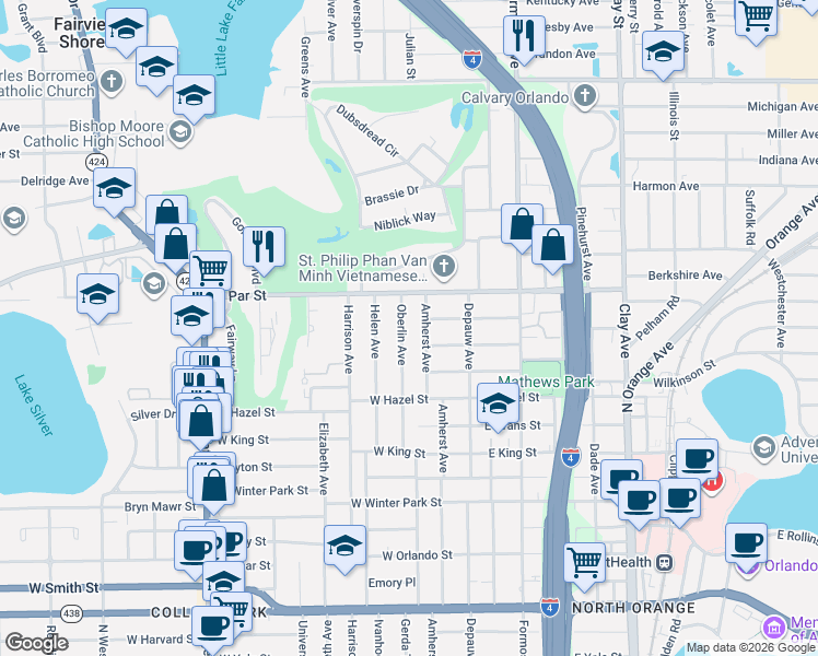 map of restaurants, bars, coffee shops, grocery stores, and more near 3218 Amherst Avenue in Orlando