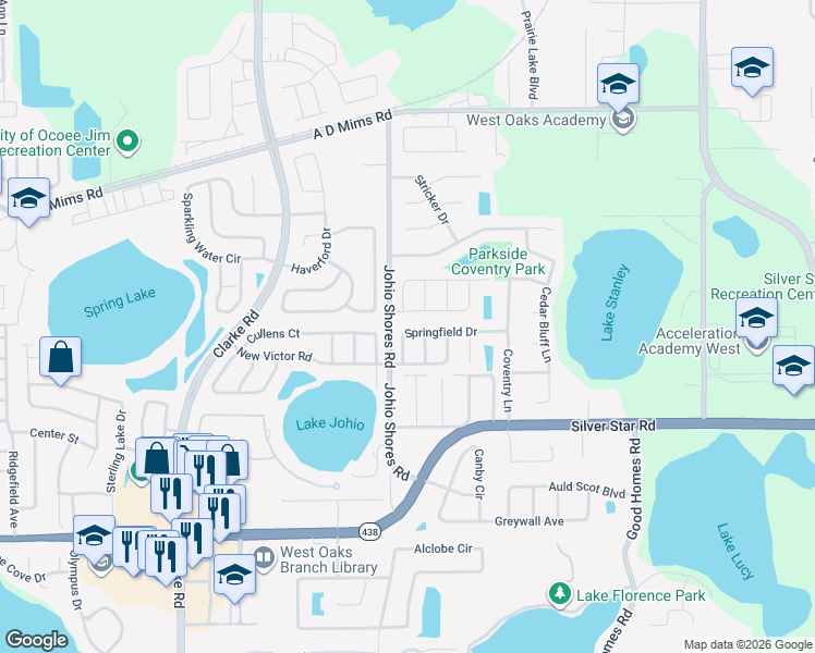 map of restaurants, bars, coffee shops, grocery stores, and more near 2714 Springfield Drive in Ocoee
