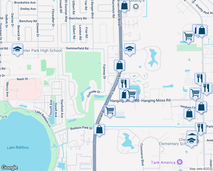 map of restaurants, bars, coffee shops, grocery stores, and more near 1202 Fairway Drive in Winter Park