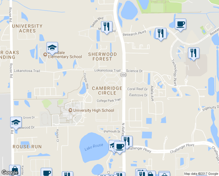 map of restaurants, bars, coffee shops, grocery stores, and more near 12103 Pepperdine Place in Orlando
