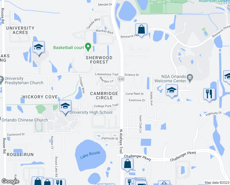 map of restaurants, bars, coffee shops, grocery stores, and more near 12145 Pepperdine Place in Orlando