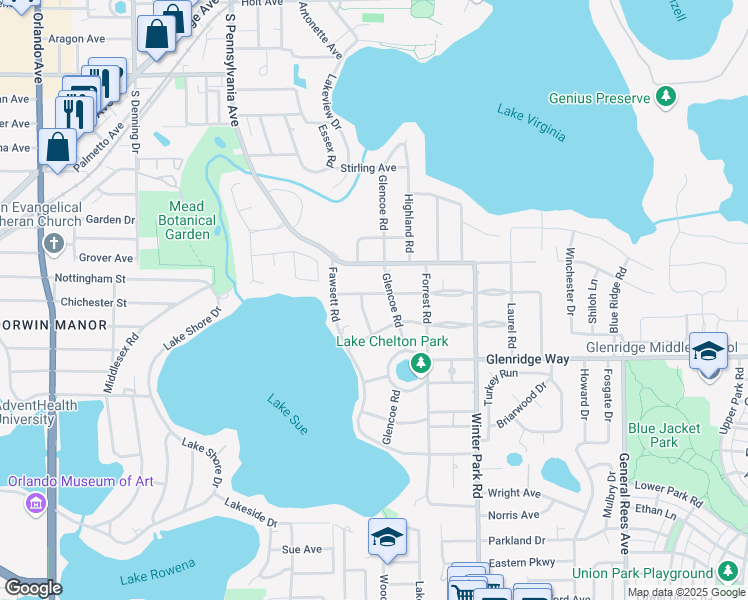 map of restaurants, bars, coffee shops, grocery stores, and more near 1820 Englewood Road in Winter Park