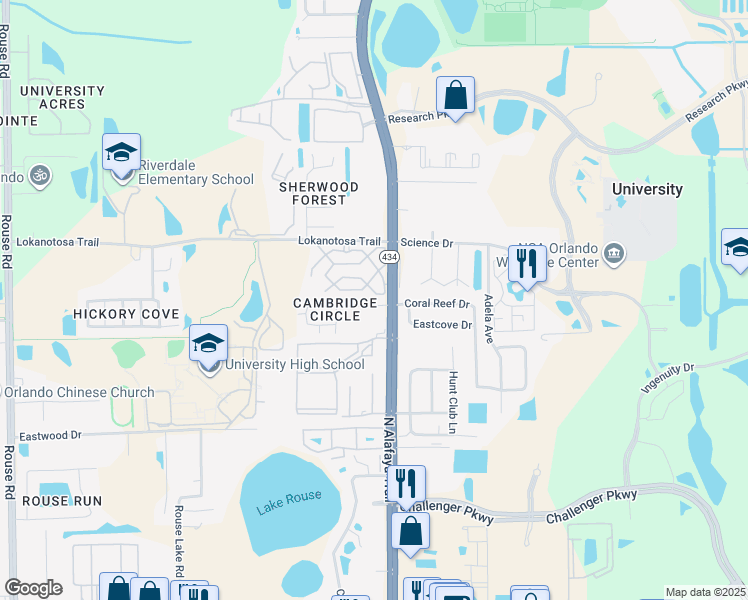 map of restaurants, bars, coffee shops, grocery stores, and more near 12155 Pepperdine Place in Orlando