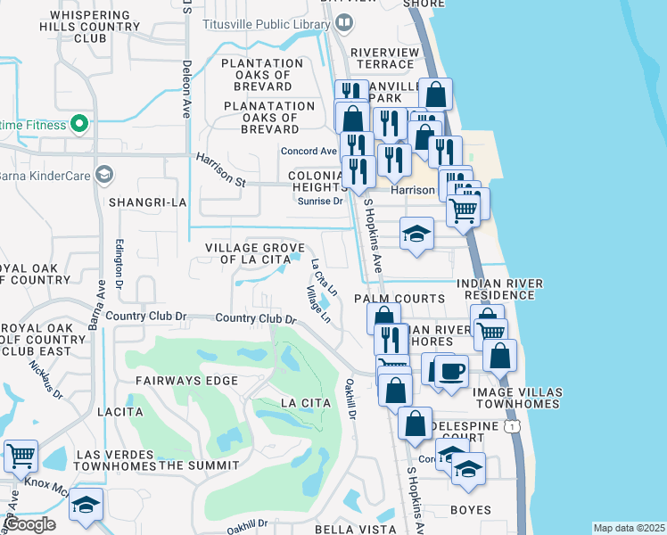map of restaurants, bars, coffee shops, grocery stores, and more near 3070 Sir Hamilton Circle in Titusville