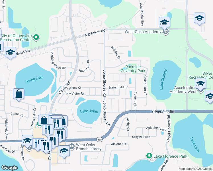 map of restaurants, bars, coffee shops, grocery stores, and more near 2714 Springfield Drive in Ocoee