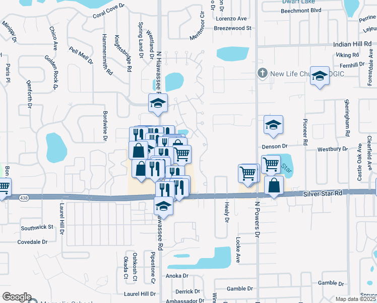 map of restaurants, bars, coffee shops, grocery stores, and more near 6825 Burroughs Court in Pine Hills