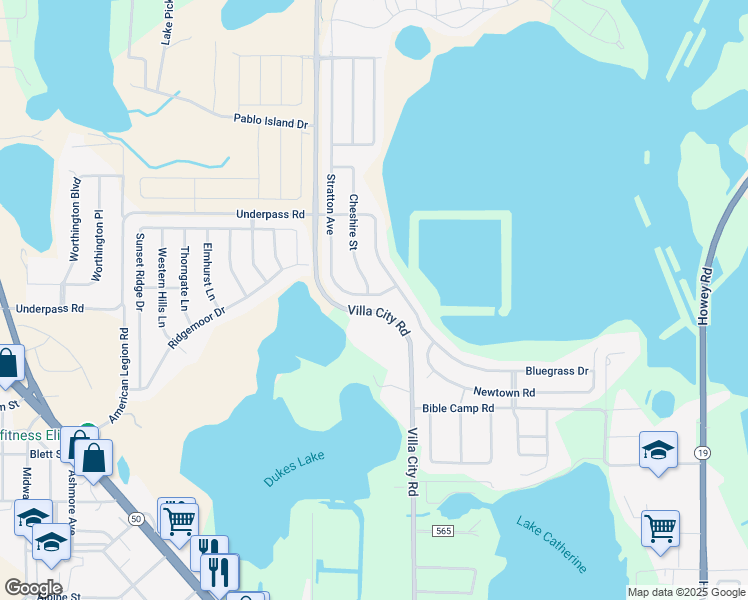map of restaurants, bars, coffee shops, grocery stores, and more near 1103 Stratton Avenue in Groveland