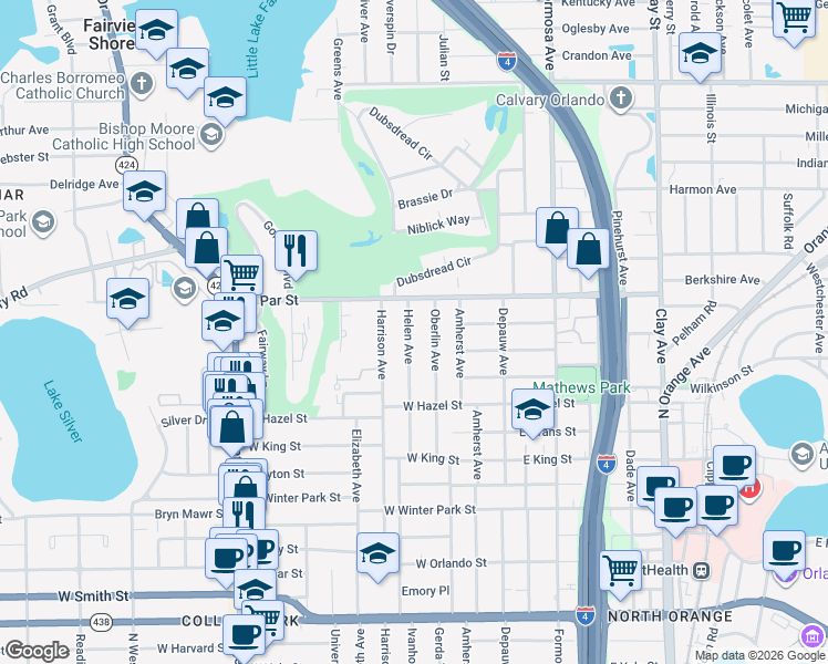 map of restaurants, bars, coffee shops, grocery stores, and more near 3221 Helen Avenue in Orlando