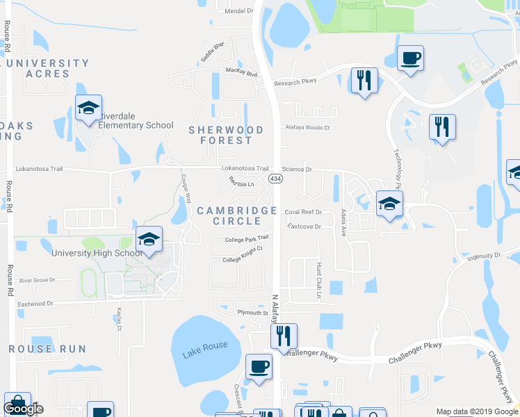 map of restaurants, bars, coffee shops, grocery stores, and more near 12155 Pepperdine Place in Orlando