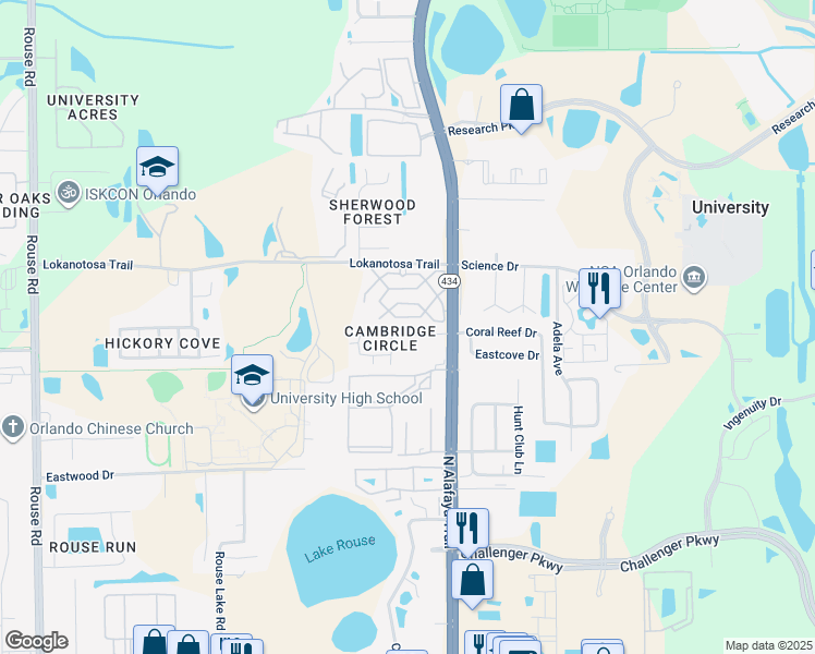 map of restaurants, bars, coffee shops, grocery stores, and more near 12103 Pepperdine Place in Orlando