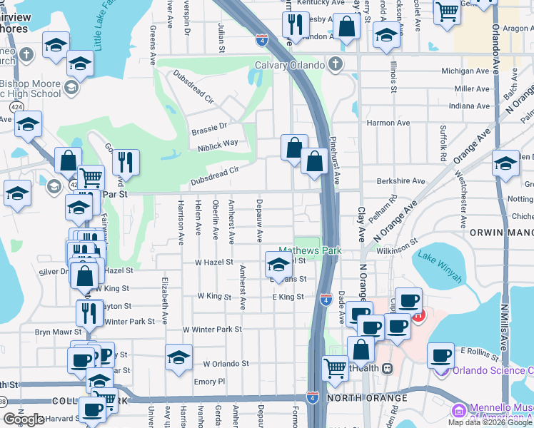 map of restaurants, bars, coffee shops, grocery stores, and more near 6 West Preston Street in Orlando