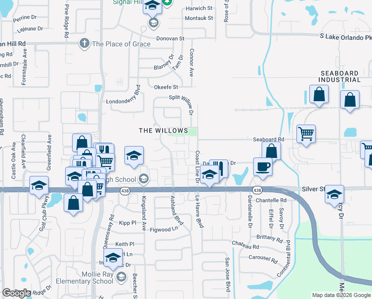 map of restaurants, bars, coffee shops, grocery stores, and more near 2853 Willow Run in Orlando