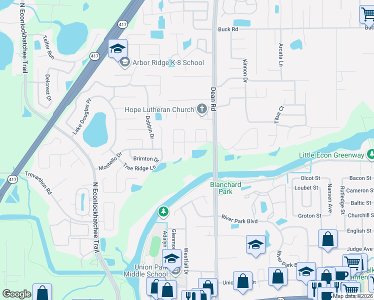 map of restaurants, bars, coffee shops, grocery stores, and more near 2443 Long Meadow Way in Orlando