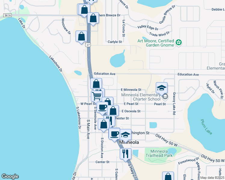 map of restaurants, bars, coffee shops, grocery stores, and more near 105 West Minneola Street in Minneola