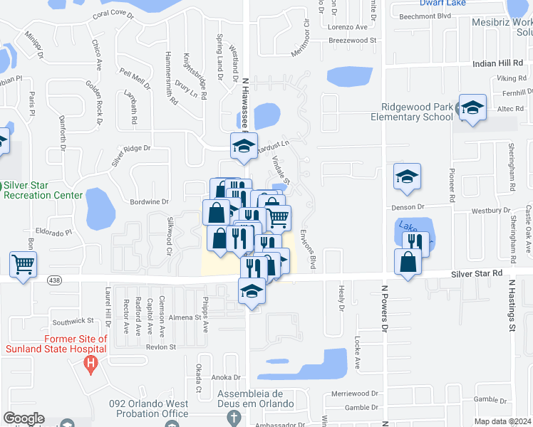 map of restaurants, bars, coffee shops, grocery stores, and more near 2877 Burroughs Drive in Pine Hills